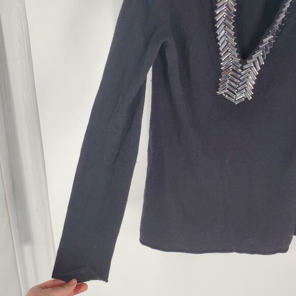Tory Burch Black Mirror Bead Embellished Deep V Neck Wool Top M - Picture 2 of 7